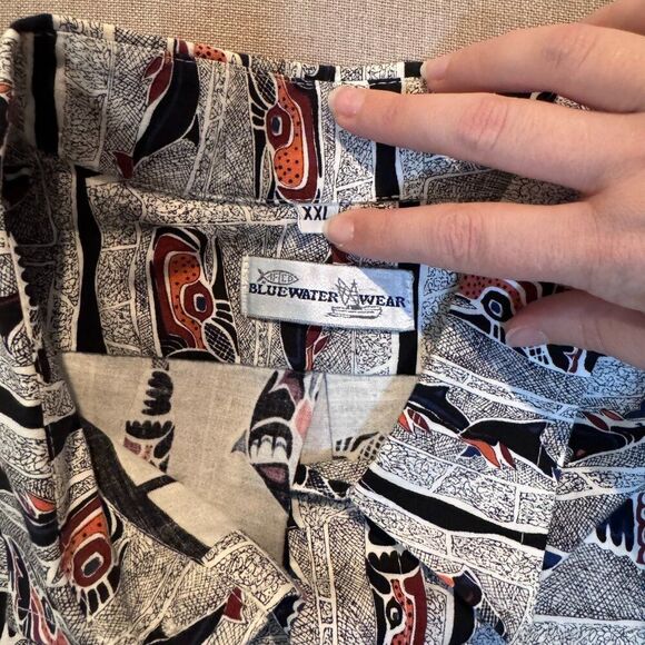 Vintage 90s AFTCO Bluewater Wear Fishing Shirt XXL Made in USA Tribal Fish Print - Picture 5 of 9